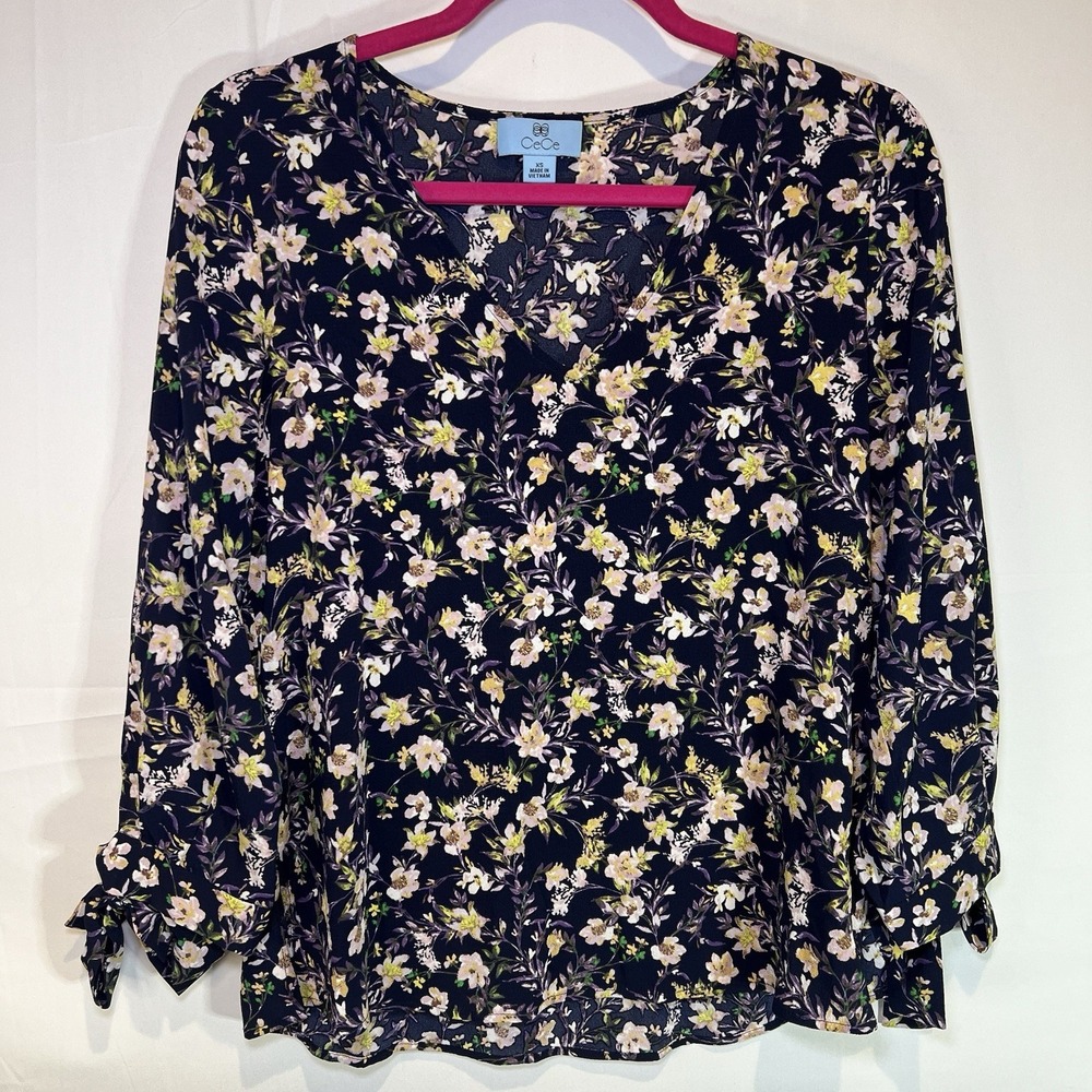 Cece Regular Fit‎ Blouse Women's Size XSmall XS Floral Long Sleeve Tie Cuffs